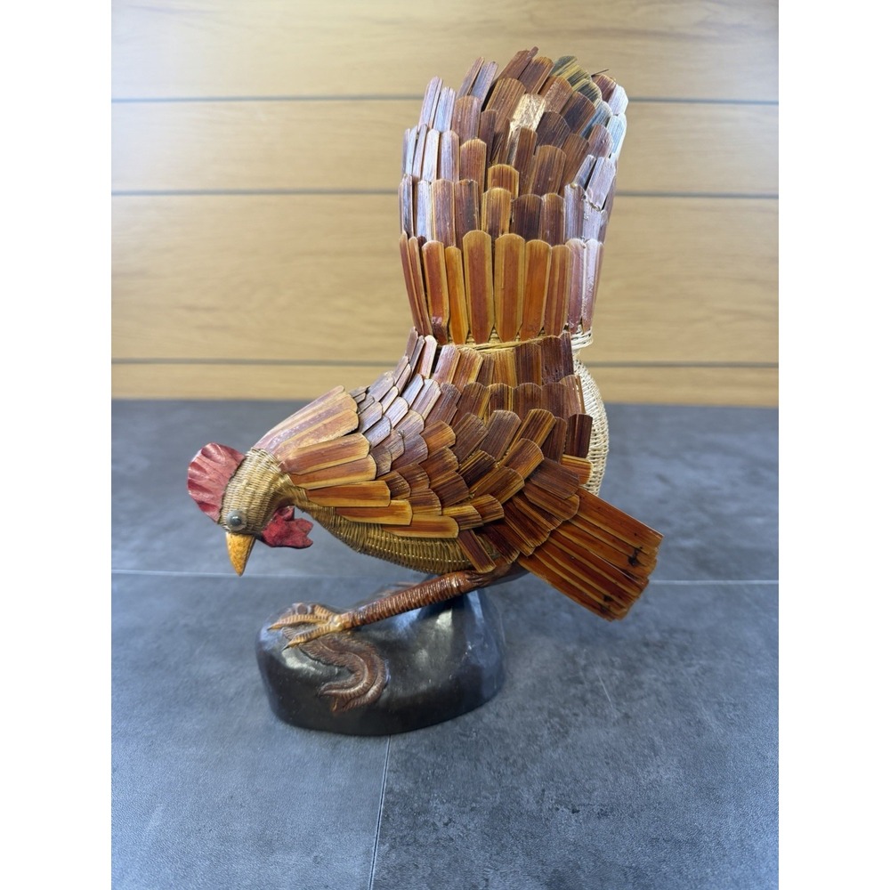 VTG 1970's Shanghai Handicrafts Woven Bamboo Rooster Chicken Basket China